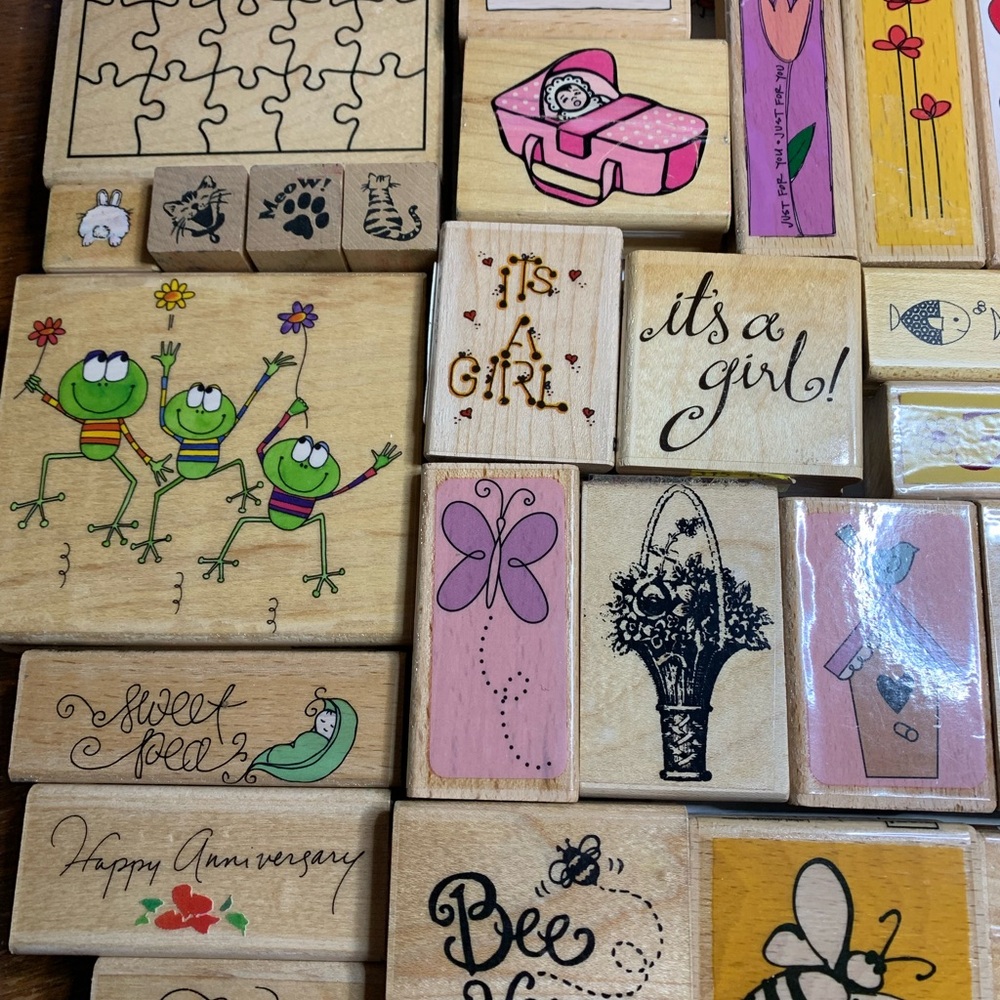 Multiple Wooden Rubber Stamp Set - Pink, Green, Yellow, Black